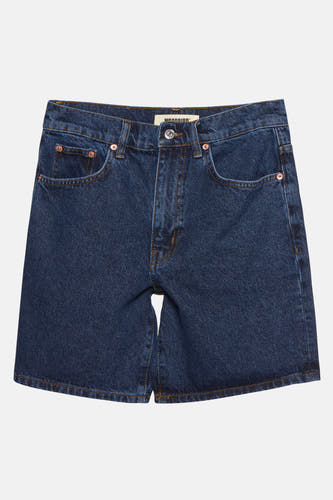Shorts en denim bleu marine de WOODBIRD, avec des surpiqures orange et une coupe droite.