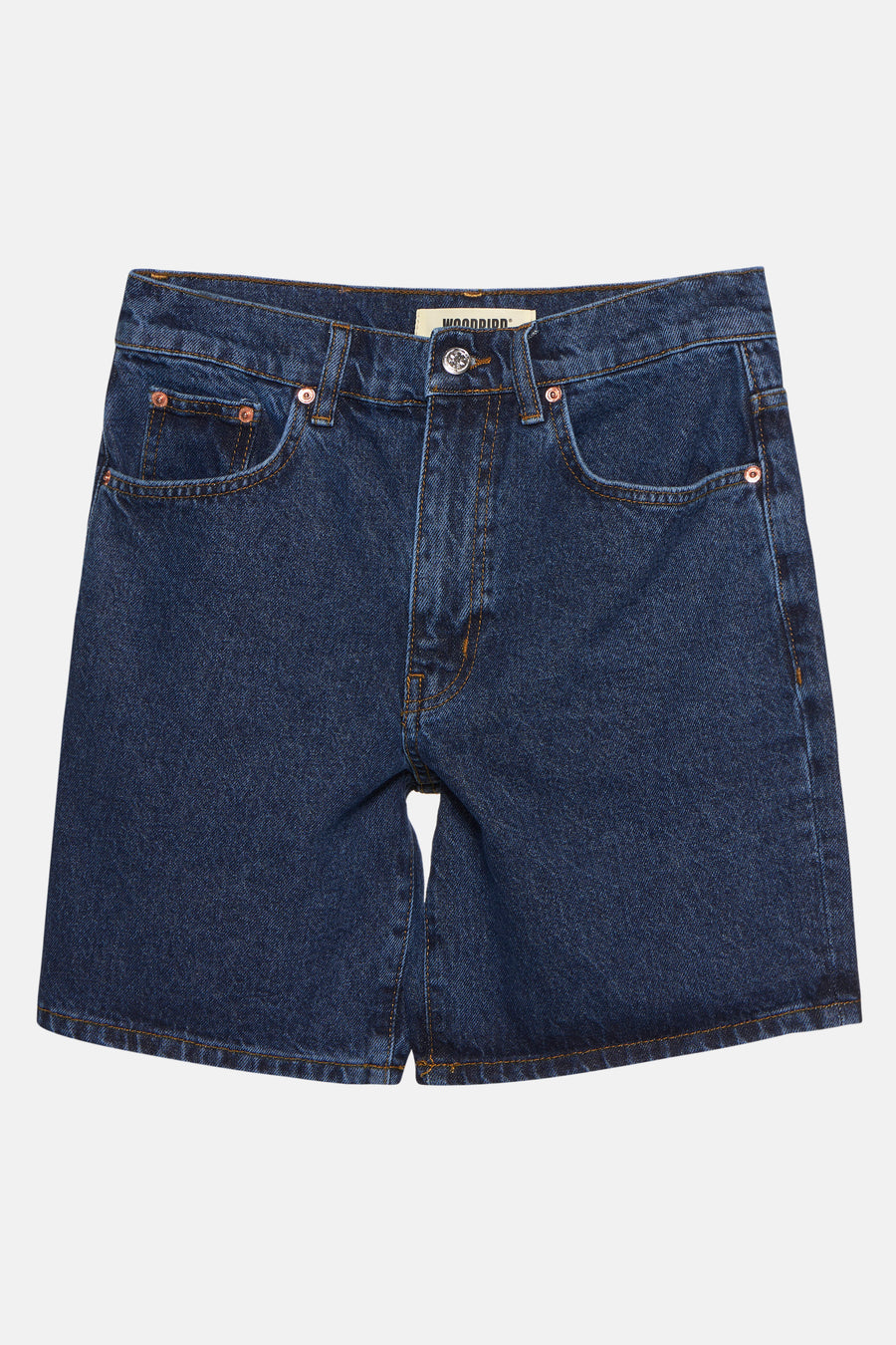 Shorts en denim bleu marine de WOODBIRD, avec des surpiqures orange et une coupe droite.