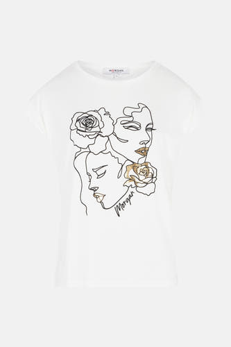 T-shirt blanc à manches courtes de Morgan de Toi, avec un dessin linéaire de visages et de roses.