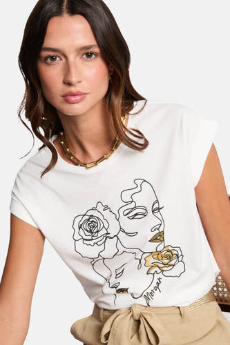 T-shirt blanc à manches courtes de Morgan de Toi, avec une impression graphique de visages et de roses.