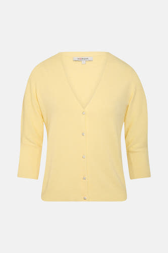 Cardigan jaune Morgan De Toi avec col en V, manches 3/4 et boutons strassés en forme de fleur.