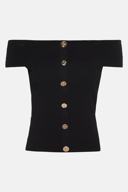 Pull-over noir de Morgan De Toi, avec les épaules dénudées, des boutons dorés et une texture côtelée.