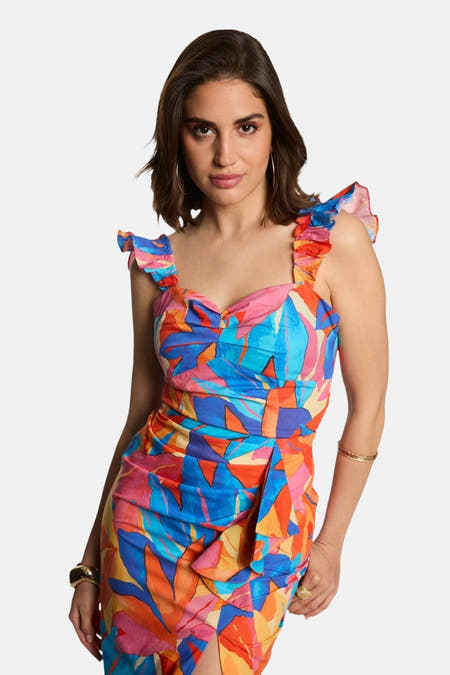 Blouse sans manches multicolore de Morgan De Toi, avec motif de feuille et détails pliés.
