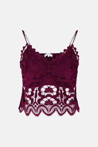 Haut Bordeaux sans manches de Morgan De Toi, avec un motif de dentelle florale fine et délicate et des bretelles spaghetti.