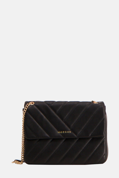 Sac à dos noir de Morgan De Toi avec chaîne d'or et motif diagonalement perforé.