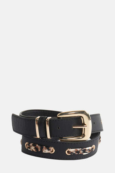 Ceinture noire de Morgan De Toi avec boucle dorée et décorations avec imprimé léopard.