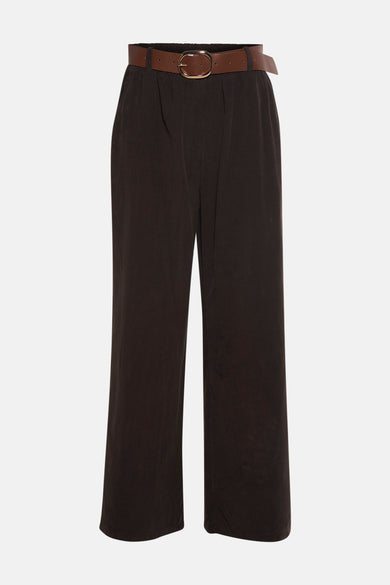 Pantalon brun de Terra di Siena avec texture en corduroy et cece brun avec une boucle dorée.