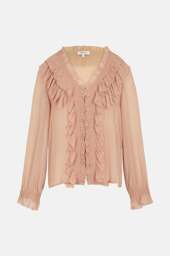 Beige blouse met lange mouwen van Morgan De Toi, met ruches aan de voorkant en geplooide manchetten.
