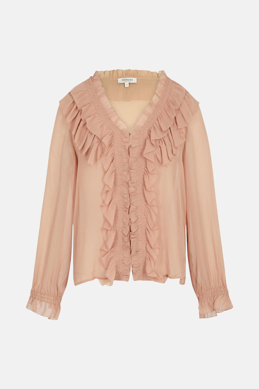 Beige blouse met lange mouwen van Morgan De Toi, met ruches aan de voorkant en geplooide manchetten.
