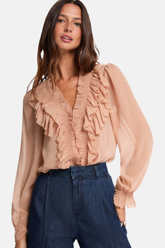 Blouse beige à longues manches de Morgan De Toi, avec des plis devant et des poignets pliés.