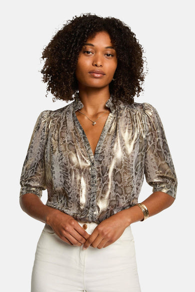 Chemise grise à manches courtes de Morgan De Toi, avec imprimé serpent et finition dorée.