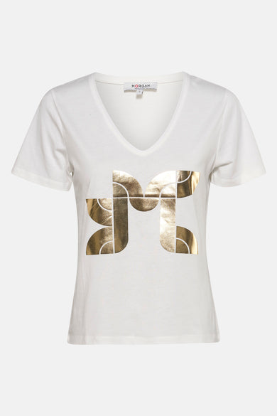 T-shirt blanc à manches courtes de Morgan, avec un logo doré sur la partie avant.