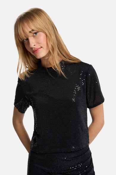 T-shirt noir à manches courtes de Morgan De Toi, avec des motifs de loirs sur toute la surface et une coupe ajustée.