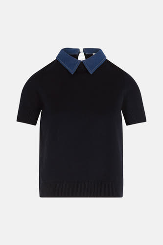T-shirt bleu avec col rond de Morgan De Toi, à manches courtes et col en denim.
