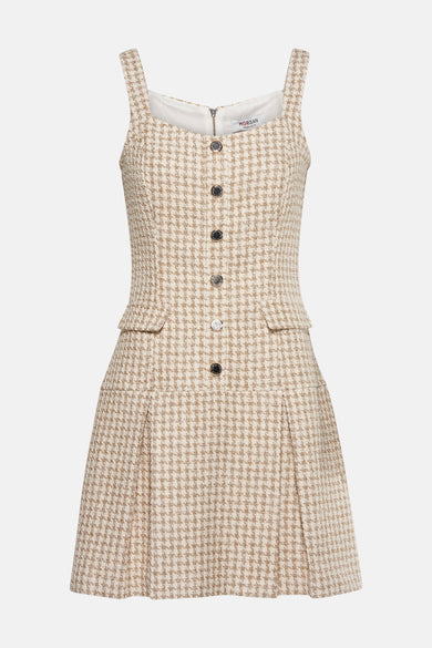 Robe sans manches écru de Morgan de Toi, avec un motif à carreaux, des boutons et des poches.