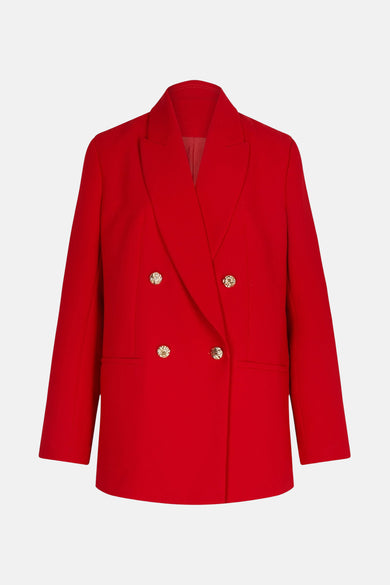 Blazer rouge de Morgan De Toi avec des boutons dorés et une double rangée de boutons.