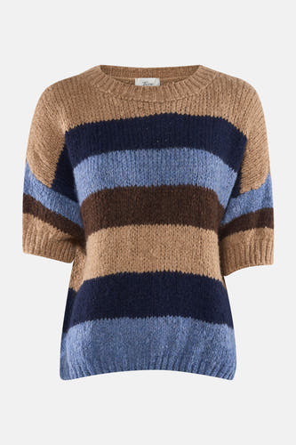 T-shirt bleu avec col rond de Terra di Siena, à motif rayé en brun, bleu et beige.