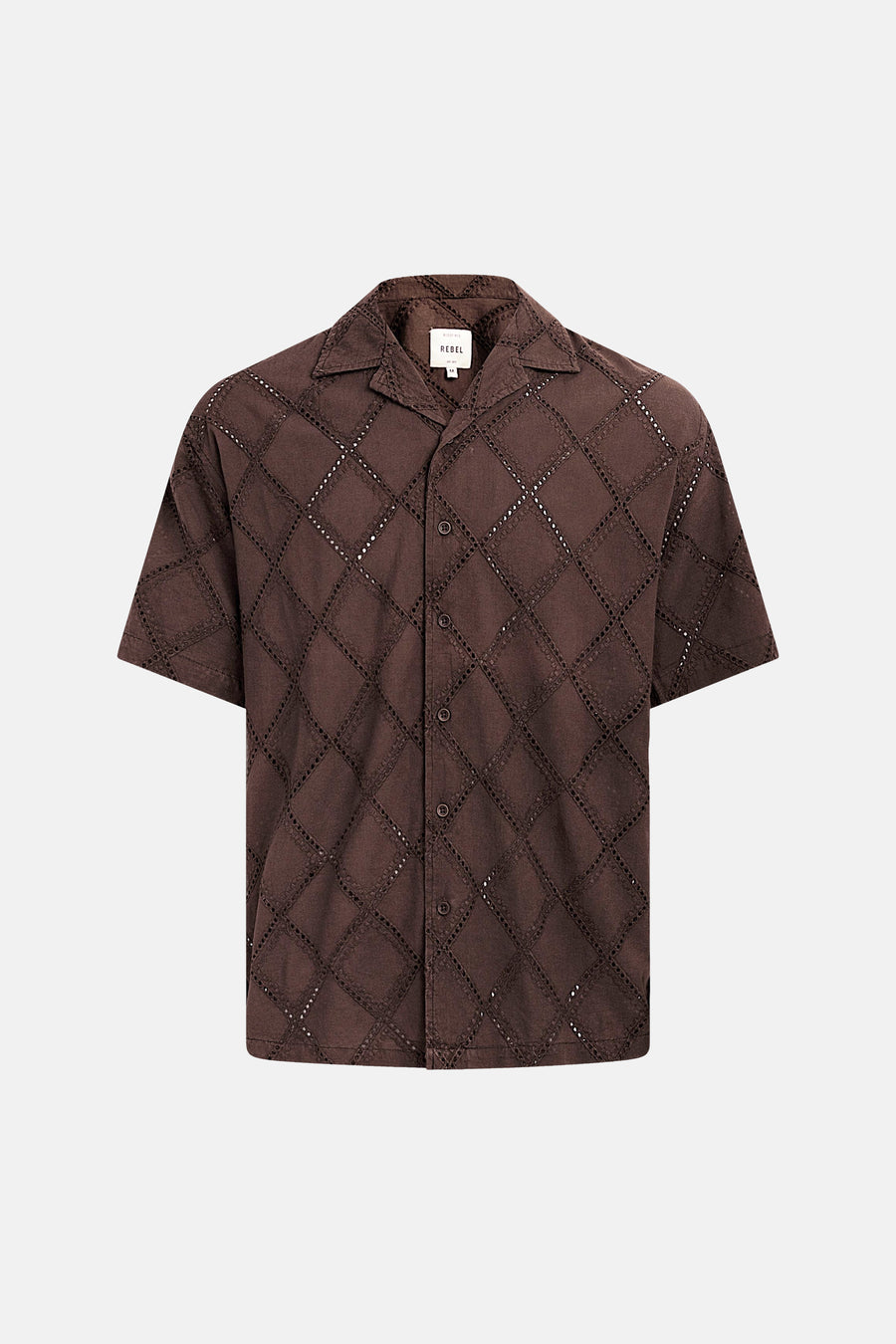 Chemise marron à manches courtes de REDEFINED REBEL, avec motif ajouré en losange et col cubain.