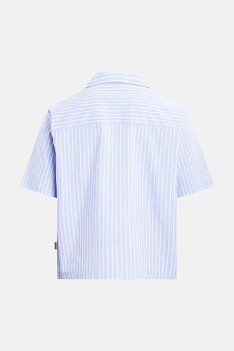 Blauw gestreept korte mouwen overhemd van REDEFINED REBEL, achterkant met witte verticale strepen, casual fit