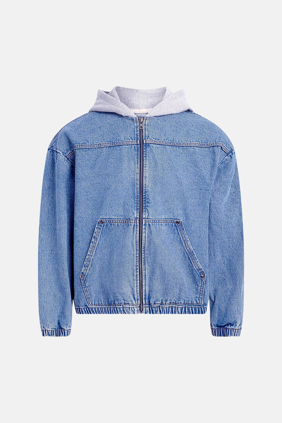 Veste en jean de denim bleu moyen de REDEFINED REBEL avec une capuche grise et une fermeture éclair.