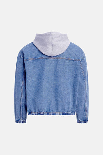 Veste en jean bleu moyen de REDEFINED REBEL, avec capuche grise, ourlet et dos élastiques.