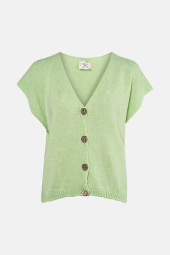 Gilet vert de Terra di Siena de couleur verte avec fermeture à boutons, manches courtes et structure en maille fine.