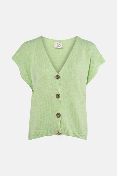 Gilet vert de Terra di Siena de couleur verte avec fermeture à boutons, manches courtes et structure en maille fine.