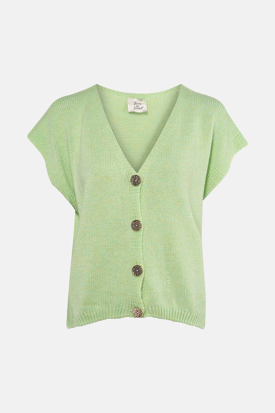 Gilet vert de Terra di Siena de couleur verte avec fermeture à boutons, manches courtes et structure en maille fine.