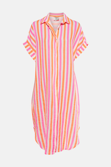 Drap multicolore à manches courtes de Terra di Siena, avec des rayures verticales roses et oranges.