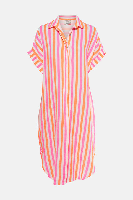 Drap multicolore à manches courtes de Terra di Siena, avec des rayures verticales roses et oranges.