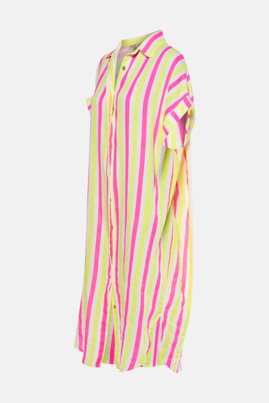 Drap multicolore à manches courtes de Terra di Siena, avec des rayures verticales en rose, jaune et blanc.