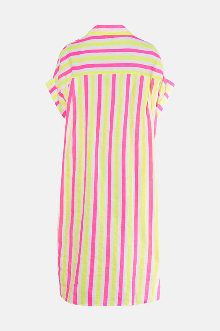 Drap multicolore à manches courtes de Terra di Siena, avec des rayures verticales en rose, jaune et blanc.