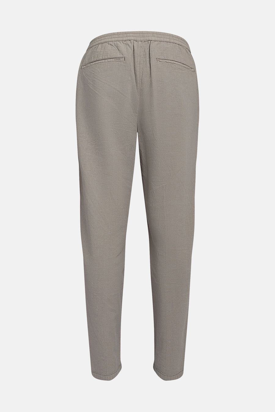 Pantalon taupe de REDEFINED REBEL, vue arrière, avec taille élastique et deux poches passepoilées.
