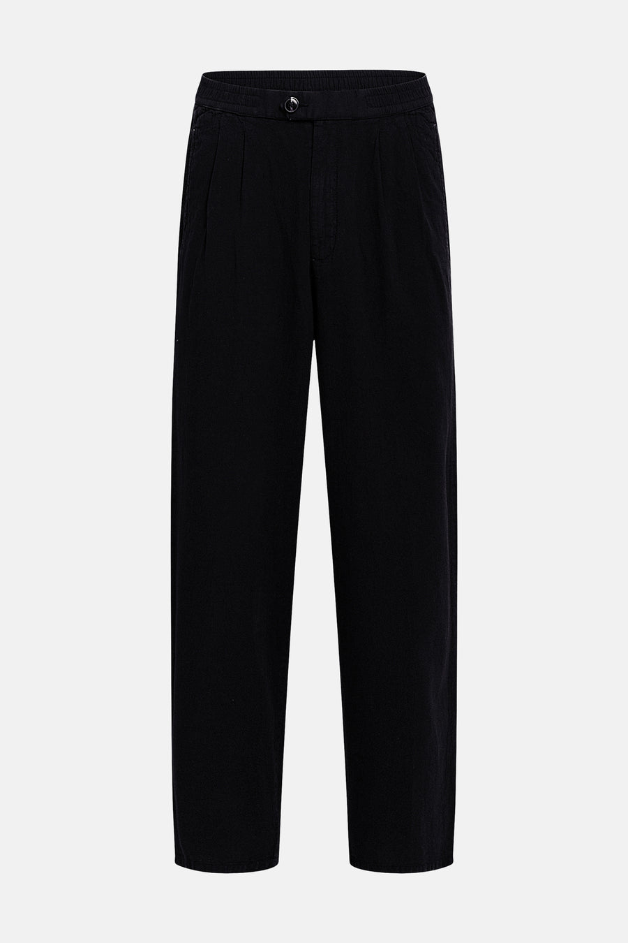 Pantalon noir de REDEFINED REBEL avec devant plissé, taille élastique et fermeture à boutons.