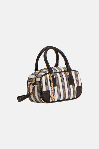 Sac à bandoulière noir de Morgan De Toi avec motif à rayures blanches et détails dorés.