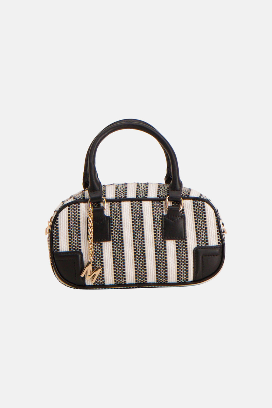 Sac à bandoulière noir de Morgan De Toi avec rayures verticales, poignée et breloque dorée en forme de 'M'.