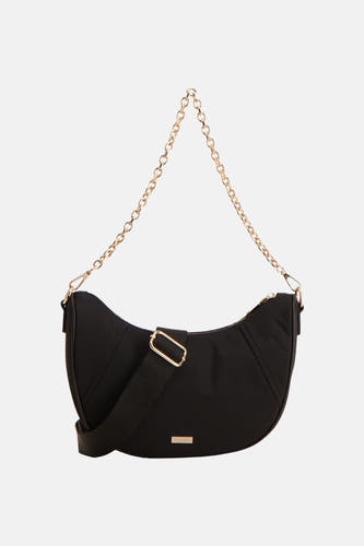 Sac à bandoulière noir de Morgan De Toi avec bandoulière chaîne dorée.