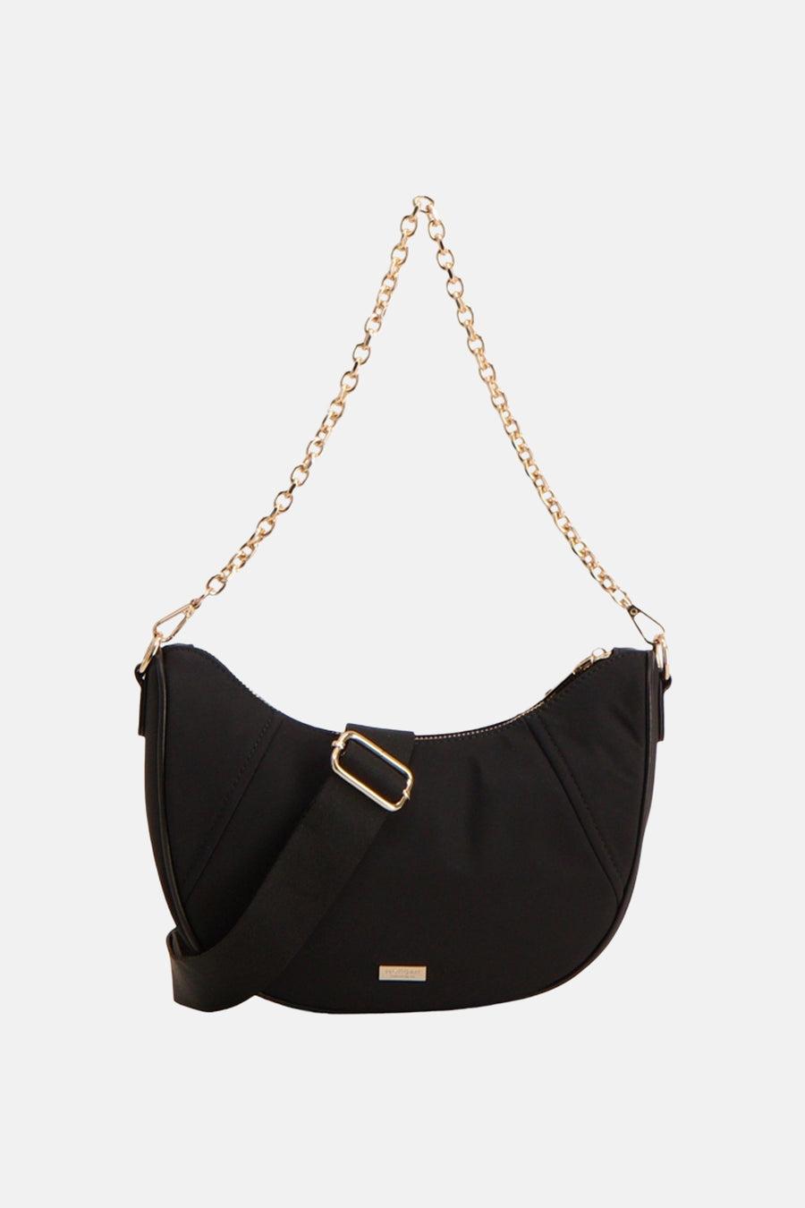 Sac à bandoulière noir de Morgan De Toi avec bandoulière chaîne dorée.