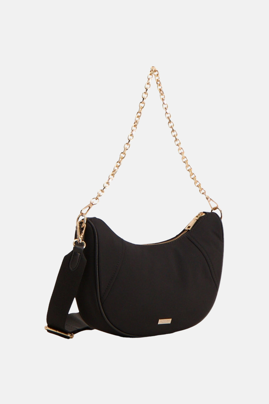 Sac à bandoulière noir de Morgan De Toi avec bandoulière chaîne dorée et large sangle d'épaule.
