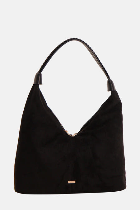 Sac à dos noir de Morgan De Toi avec une poignée tressée et une fermeture éclair dorée.