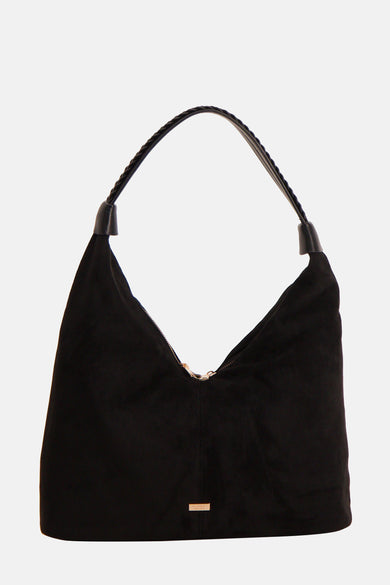 Sac à dos noir de Morgan De Toi avec une poignée tressée et une fermeture éclair dorée.