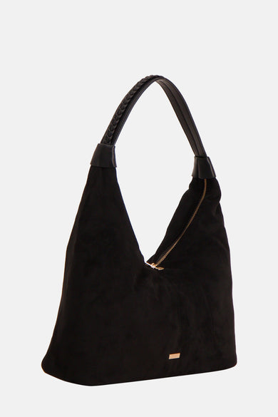 Sac à dos noir de Morgan De Toi, avec un poignée tressée et une fermeture éclair dorée.