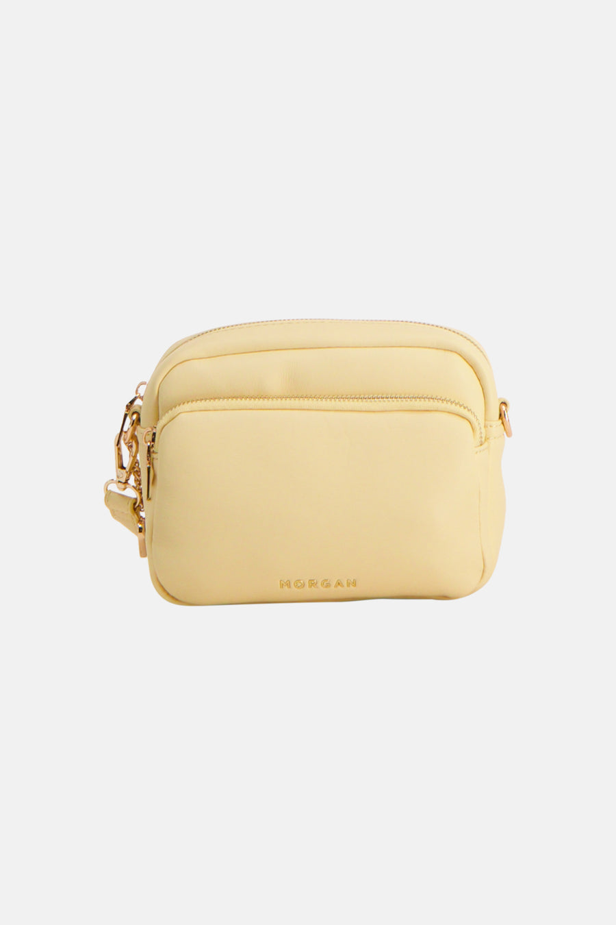 Sac à bandoulière jaune de Morgan De Toi avec fermetures éclair dorées, détails de chaîne et logo en relief.