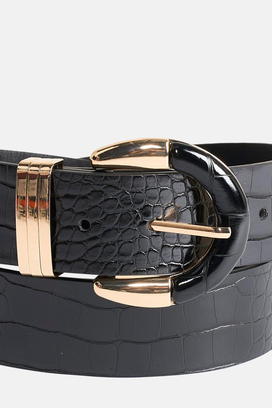 Zwarte riem van Morgan De Toi met crocoprint en goudkleurige gesp.
