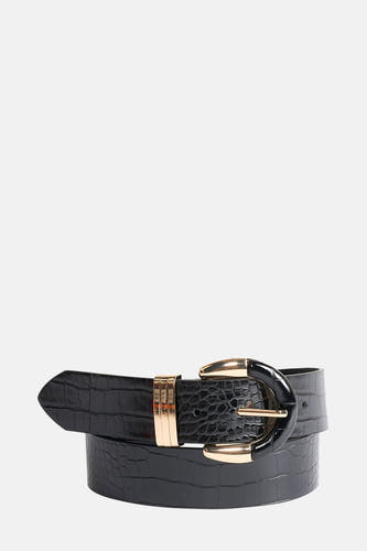 Ceinture noire de Morgan De Toi avec imprimé croco et boucle dorée.