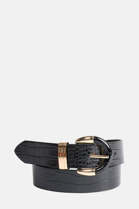 Ceinture noire de Morgan De Toi avec imprimé croco et boucle dorée.