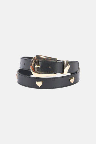 Ceinture noire de Morgan De Toi avec boucle dorée et ornements en forme de cœur, sur fond blanc.