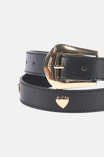 Ceinture noire Morgan De Toi avec boucle dorée et cœurs décoratifs.