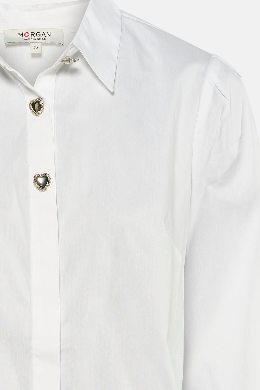 Chemise blanche à manches courtes de Morgan de Toi, avec boutons en forme de cœur et col classique.