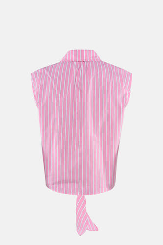 Chemise rose à rayures à manches courtes de Morgan De Toi, avec un nœud à l'arrière.